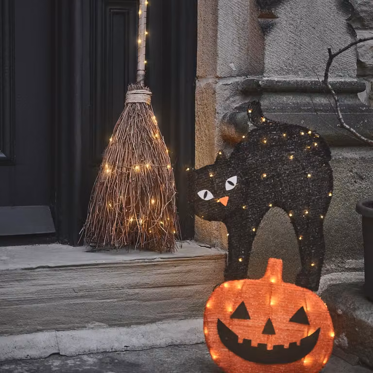 Decorazione per Halloween a forma di gatto e zucca, con luci LED bianco caldo e timer