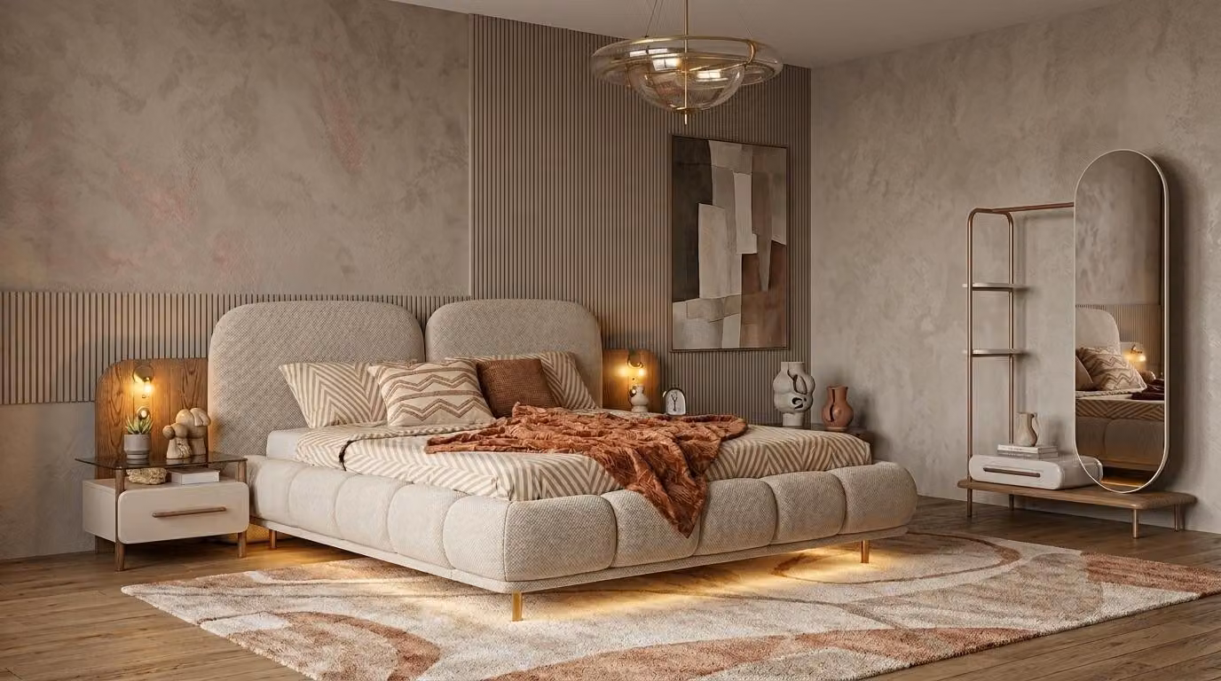 Due comodini, specchio, camera da letto, stile moderno, beige, confortevole