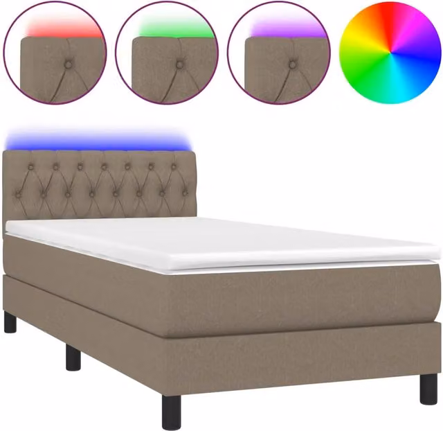 Letto singolo moderno con materasso ibrido e illuminazione LED con porta USB in tessuto tortora L/P/H: 190 x 90 x 78 cm