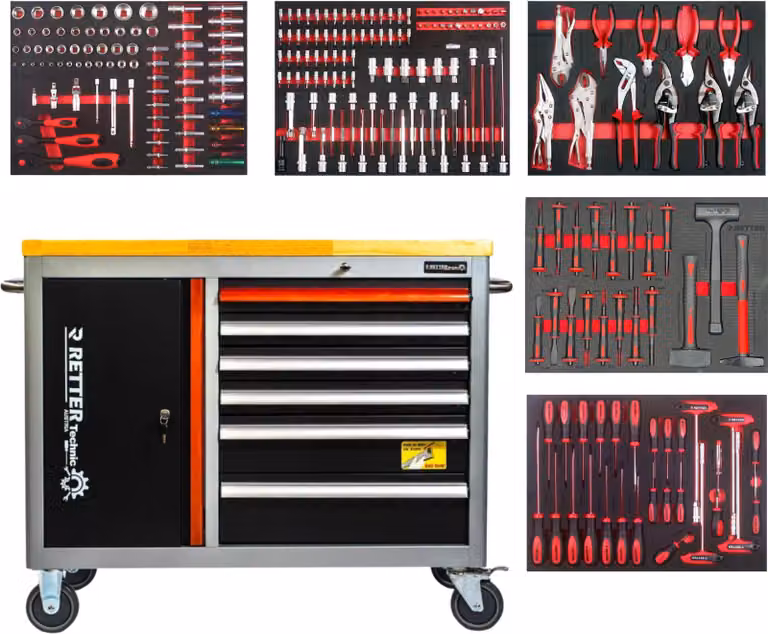 Carrello da officina RETTER RS5 Workstation Kompakt – Set promozionale con piano in legno massello, 6 cassetti e set di utensili