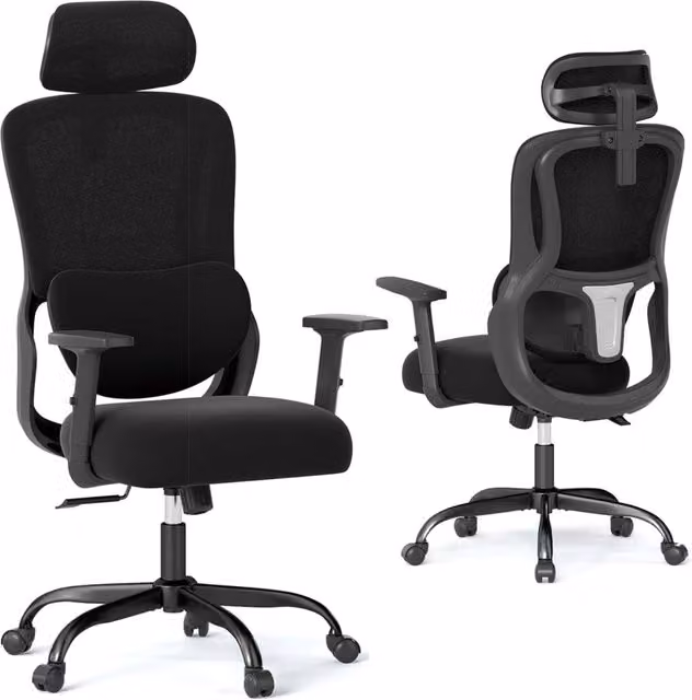 Sedia da Ufficio Ergonomica Costway Nera con Poggiatesta e Braccioli, Sedia da Scrivania Girevole Regolabile in Tessuto per Casa e Studio