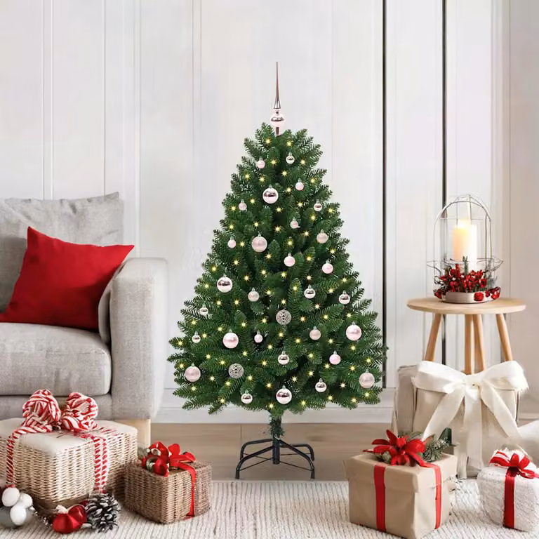 Albero di Natale artificiale verde vidaXL con luci LED bianco caldo, puntale e palline, Altezza: 120 cm