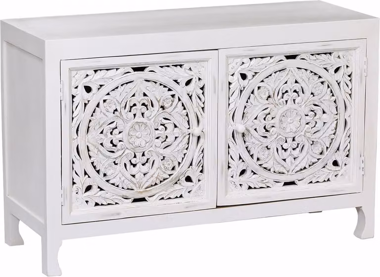 Milani Home - madia credenza in legno di mango bianco decapato 125 x 45 x 80 cm, 2 ante, con lavorazione intagliata