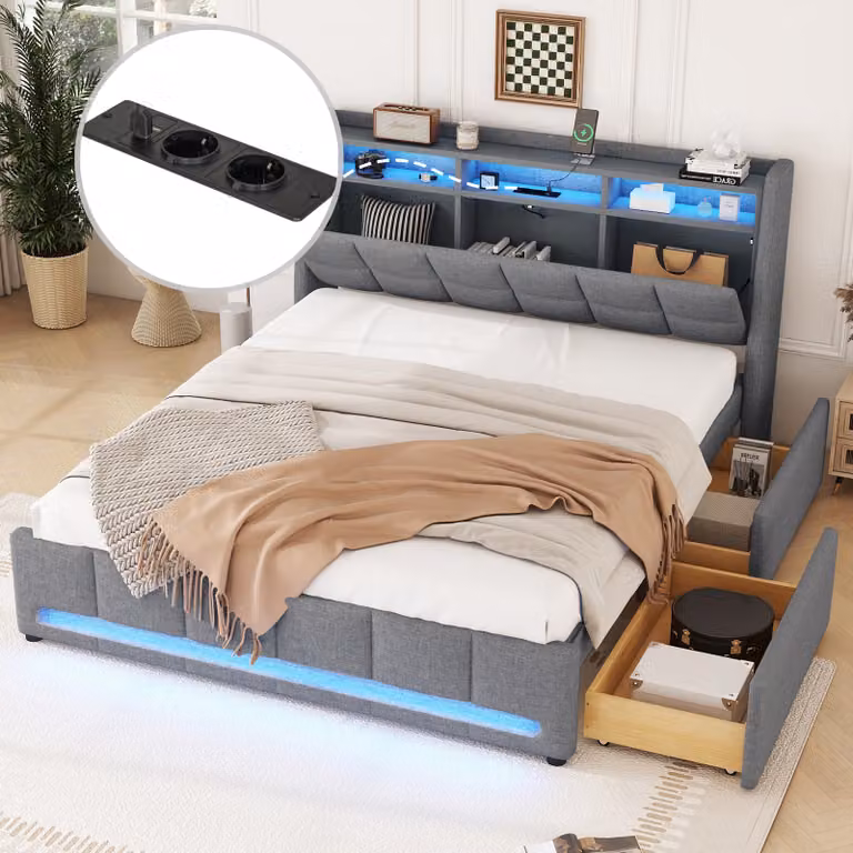 Letto imbottito Flieks 140x200cm con funzione cassetto, letto matrimoniale contenitore con 2 cassetti, letto in legno per ragazzi con LED e rete a doghe, lino, grigio