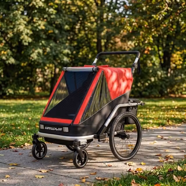 Rimorchio bici per bambini 2 posti 2 in 1 pieghevole rosso