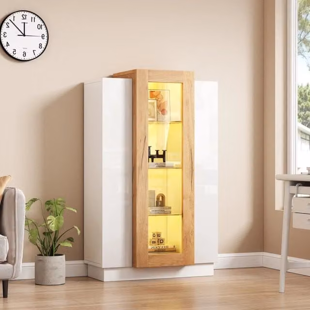 Vetrina da soggiorno moderna bianca lucida con 3 ante in vetro, illuminazione integrata e ripiani interni, L: 74 cm, P: 40 cm, H: 120 cm
