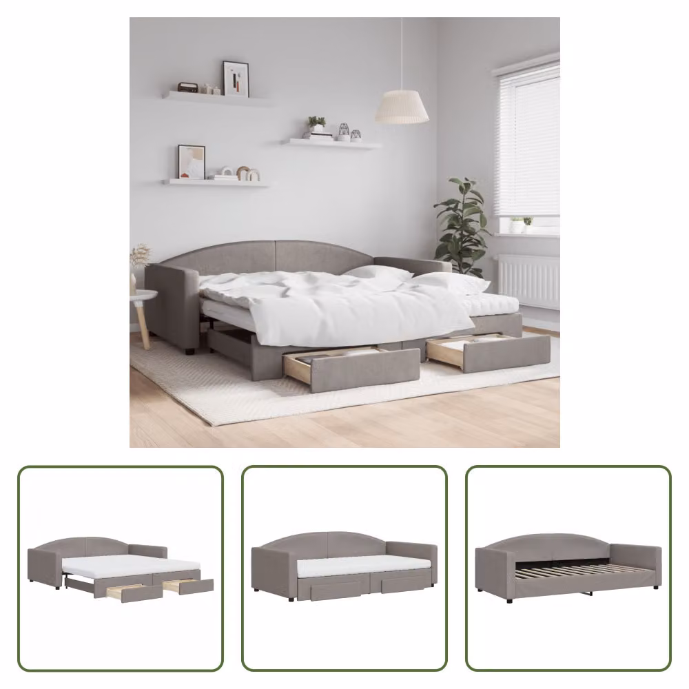 The Living Store Letto allungabile con cassetti Taupe 100x200 cm tessuto