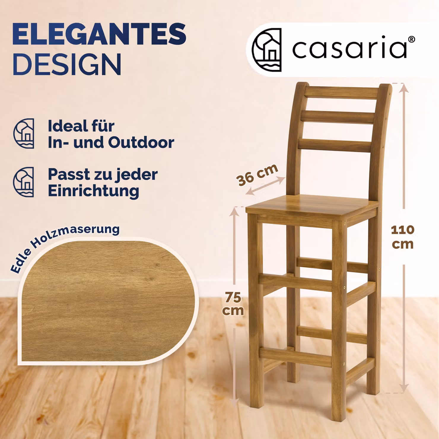 Set di 4 sgabelli da bar Casaria in legno di acacia color marrone rustico H 75 cm, L 40 cm, P 35,5 cm – 2