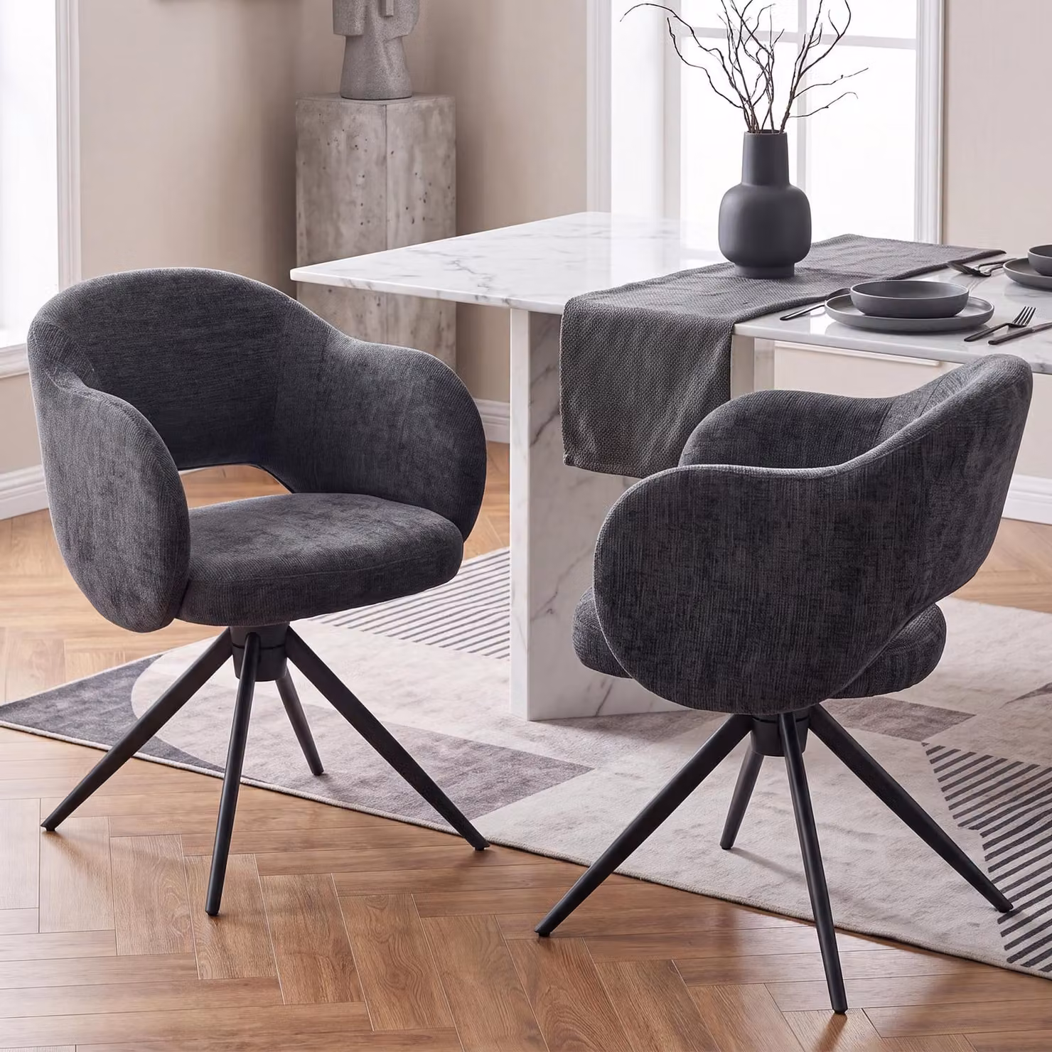 Set di 2 sedie da pranzo Duhome, girevoli a 180°, con braccioli in tessuto chenille e schienale traforato, dotate di funzione di ritorno automatico, colore grigio scuro