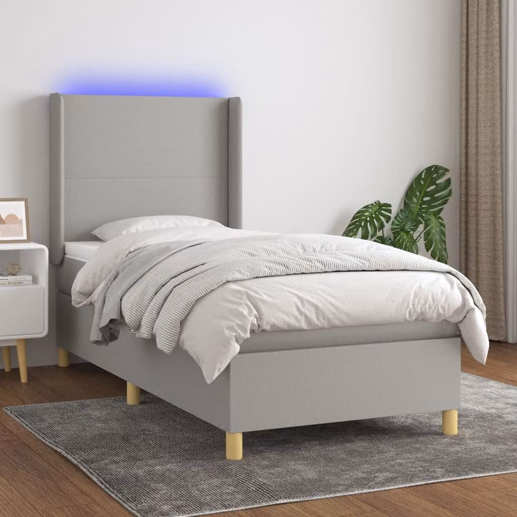 Letto a molle con materasso e illuminazione LED vidaXL in tessuto grigio chiaro, L/P/H: 90 x 190 x 128 cm – 1