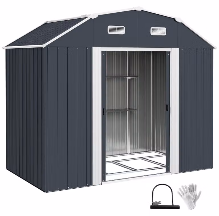 Capanno per attrezzi Moonbite, dimensioni 2,7 m², dotato di 2 porte scorrevoli e ripiani regolabili, realizzato in acciaio zincato. Include base e guanti. Colore: grigio scuro