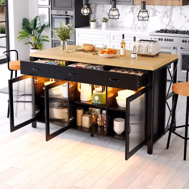 Isola da cucina Xylo con 3 cassetti e ante in vetro, design industriale nero, L: 150 cm, P: 80 cm, H: 90 cm