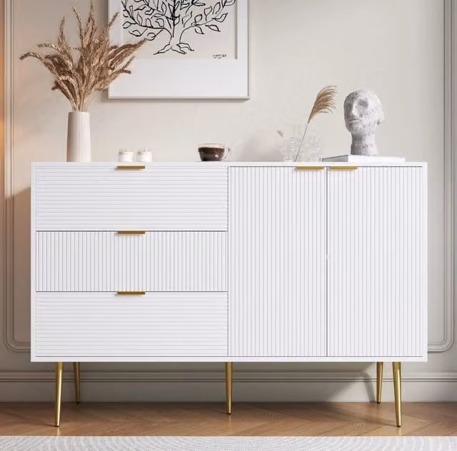 Sideboard moderno 120x38x80;5 cm in MDF bianco e oro con 3 cassetti e 2 ante