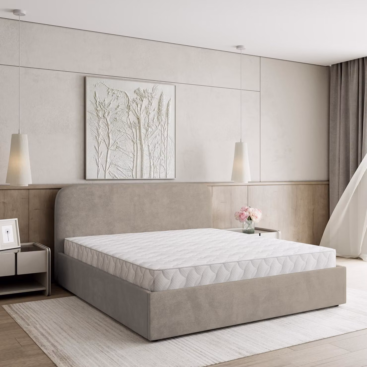 Letto imbottito Masseno RENIVE K 200x200 cm, letto imbottito con cassetti - Beige, PAROS 02