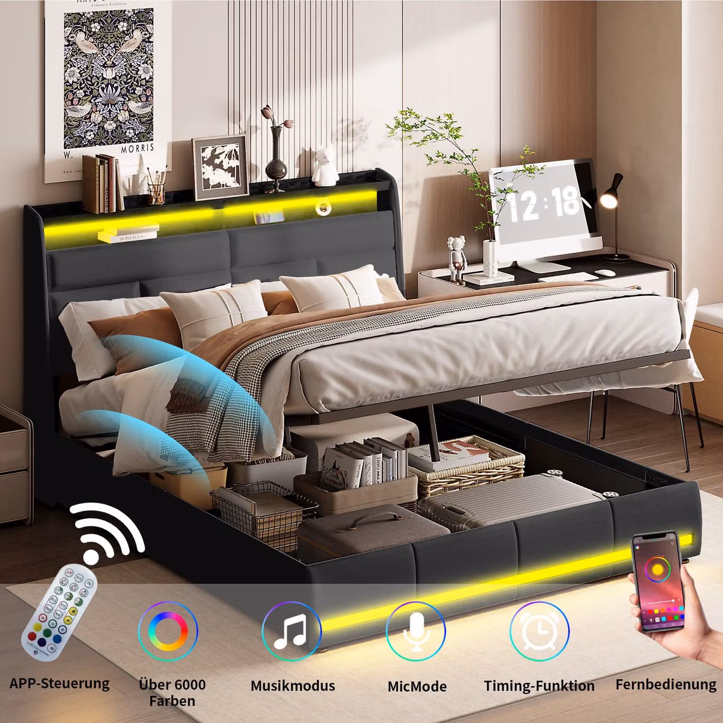 UnboxG letto imbottito 160x200cm matrimoniale con led, letto in legno massiccio con rete a doghe e testata, letto contenitore funzionale, letto contenitore con contenitore, letto a molle con vano contenitore, nero