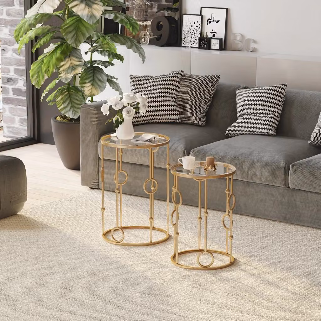 Set di 2 Tavolini da Caffè EasyComfort Design Moderno con Motivi Geometrici in Metallo e Vetro Temperato, Colore Oro, Diametro: 41 cm, Altezza: 57 cm e Diametro: 36 cm, Altezza: 51 cm – 2