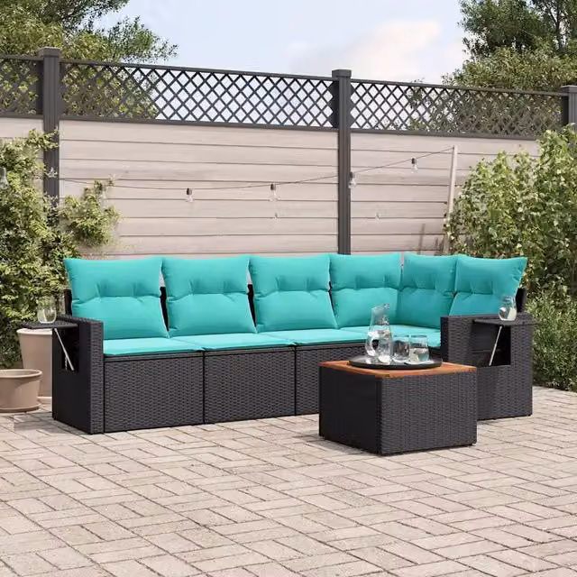 Set da giardino moderno vidaXL in polyrattan nero con 6 pezzi, composto da divani a L, elementi angolari, divano a 3 posti e tavolino da caffè con cuscini inclusi – 1
