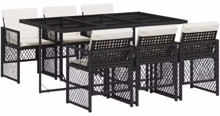 Set da pranzo per esterno, composto da 7 pezzi: tavolo, 6 sedie e cuscini, in rattan sintetico nero con piano in vetro