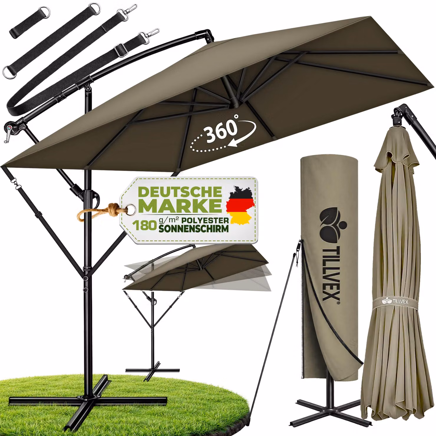 tillvex® Parasole in alluminio rettangolare, diametro 330 cm, color marrone + copertura con manovella | Parasole a gondola angolare con supporto | Parasole da giardino in alluminio con protezione UV | Parasole con manovella, impermeabile, girevole a 360°