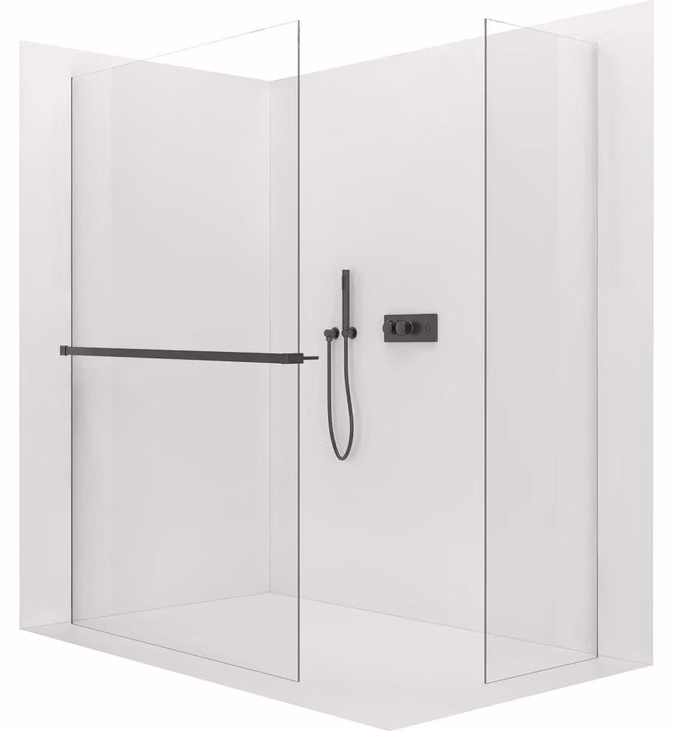 CERANO - Box doccia Walk-in Crystal T L/P - 8 mm - sistema senza montanti + mensola/portasciugamani - nero opaco, vetro trasparente - 150x80x200 cm