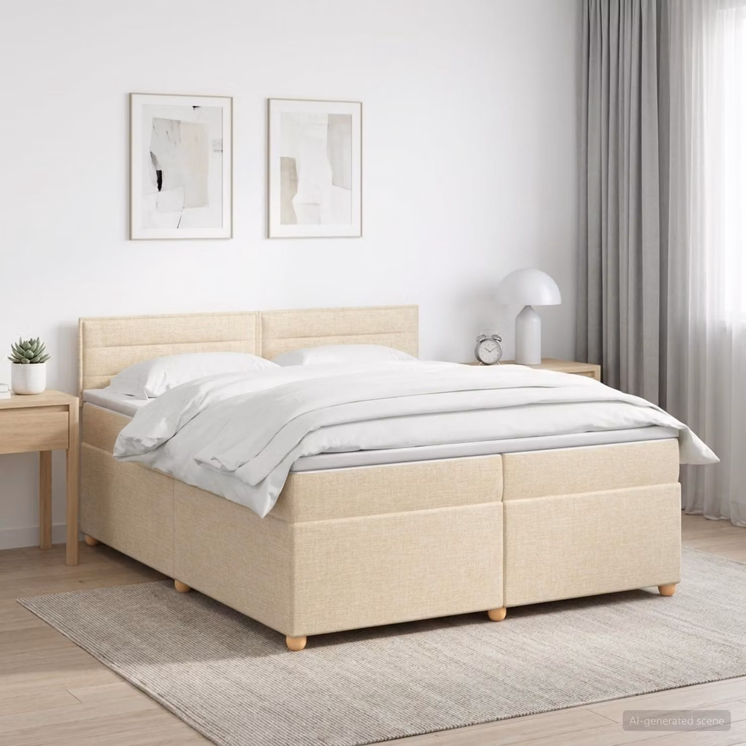 Letto box spring con materasso ibrido vidaXL in tessuto beige e bianco, L/P/H: 200 x 200 x 88 cm
