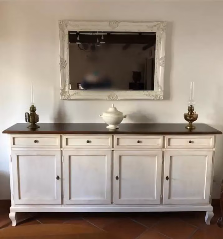 Madia credenza shabby chic con 4 porte in legno bianco anticato e noce Mobili 2G L: 205 cm, P: 45 cm, H: 98 cm – 2