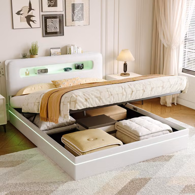 UnboxG Letto imbottito 140x200cm Beige con illuminazione a LED - Letto contenitore idraulico con mensola sulla testata, letto matrimoniale in velluto con rete e design moderno