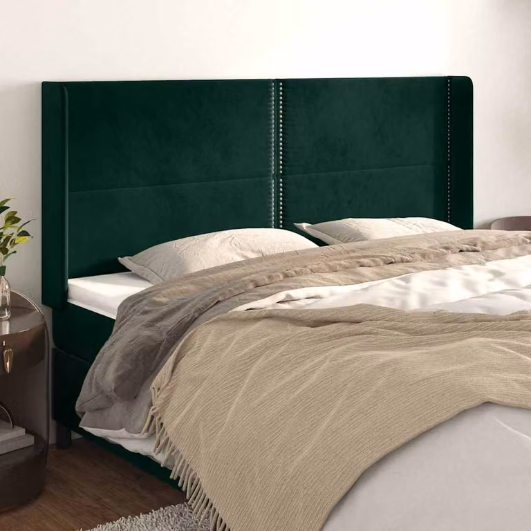 Testiera per letto vidaXL in velluto verde scuro con struttura in legno e pannello imbottito L: 203 cm, P: 16 cm, H: 118/128 cm