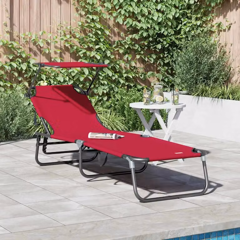 vidaXL Lettino prendisole pieghevole rosso con parasole e poggiatesta regolabile L: 190 cm, P: 57 cm, H: 81 cm