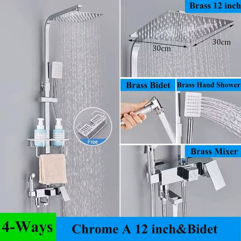 Sistema doccia - Set doccia a pioggia con miscelatore - Montaggio a parete - Soffione da 30,5 cm - Bocchello orientabile da 15 cm - Miscelatore monocomando caldo/freddo - Cartuccia in Vetroceramica - Cromo