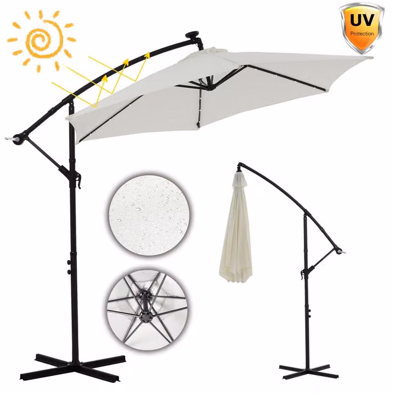 Ombrellone a palo centrale ⌀3,5M Beige con protezione solare a LED Manovella Ombrellone solare da giardino
