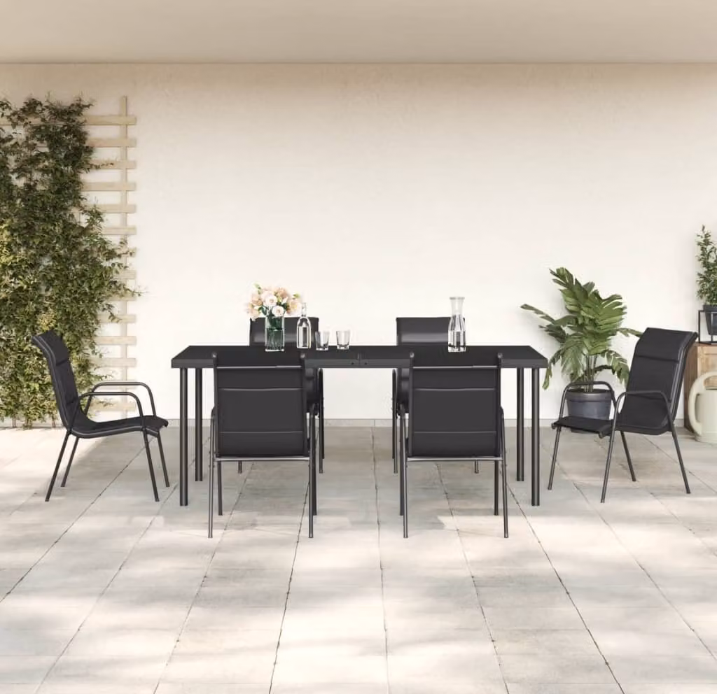The Living Store Set da pranzo da giardino 7 pezzi in acciaio nero e textilene