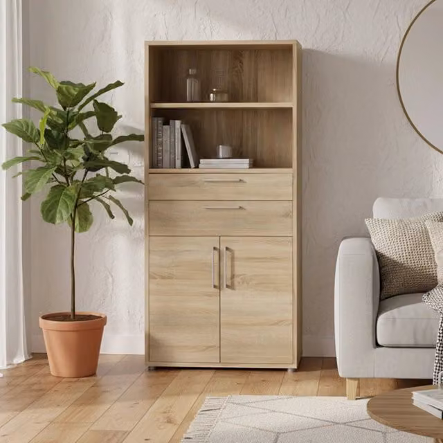 Credenza Albidona DMORA in legno di quercia color marrone, buffet e madia moderna per soggiorno o cucina, L: 89 cm, P: 40 cm, H: 186 cm