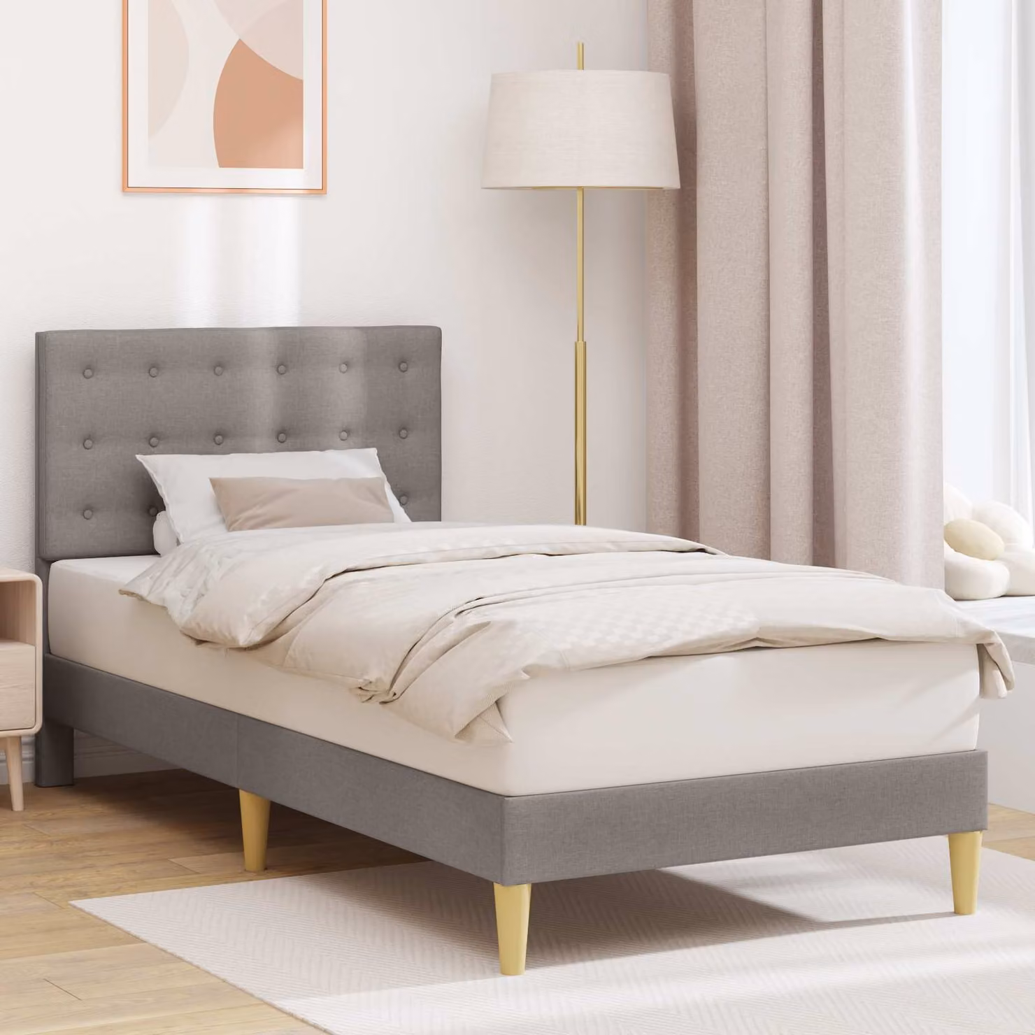 Struttura del letto con testiera vidaXL in tessuto beige e grigio, L/P/H: 90 x 190 x 94 cm