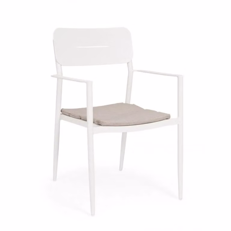 Set di 4 sedie NEBULA in alluminio bianco con cuscino tortora impermeabile, con braccioli