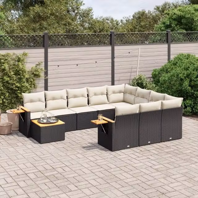 Set da giardino moderno vidaXL composto da 11 pezzi in polyrattan nero con cuscini bianchi e imbottitura mista per esterno