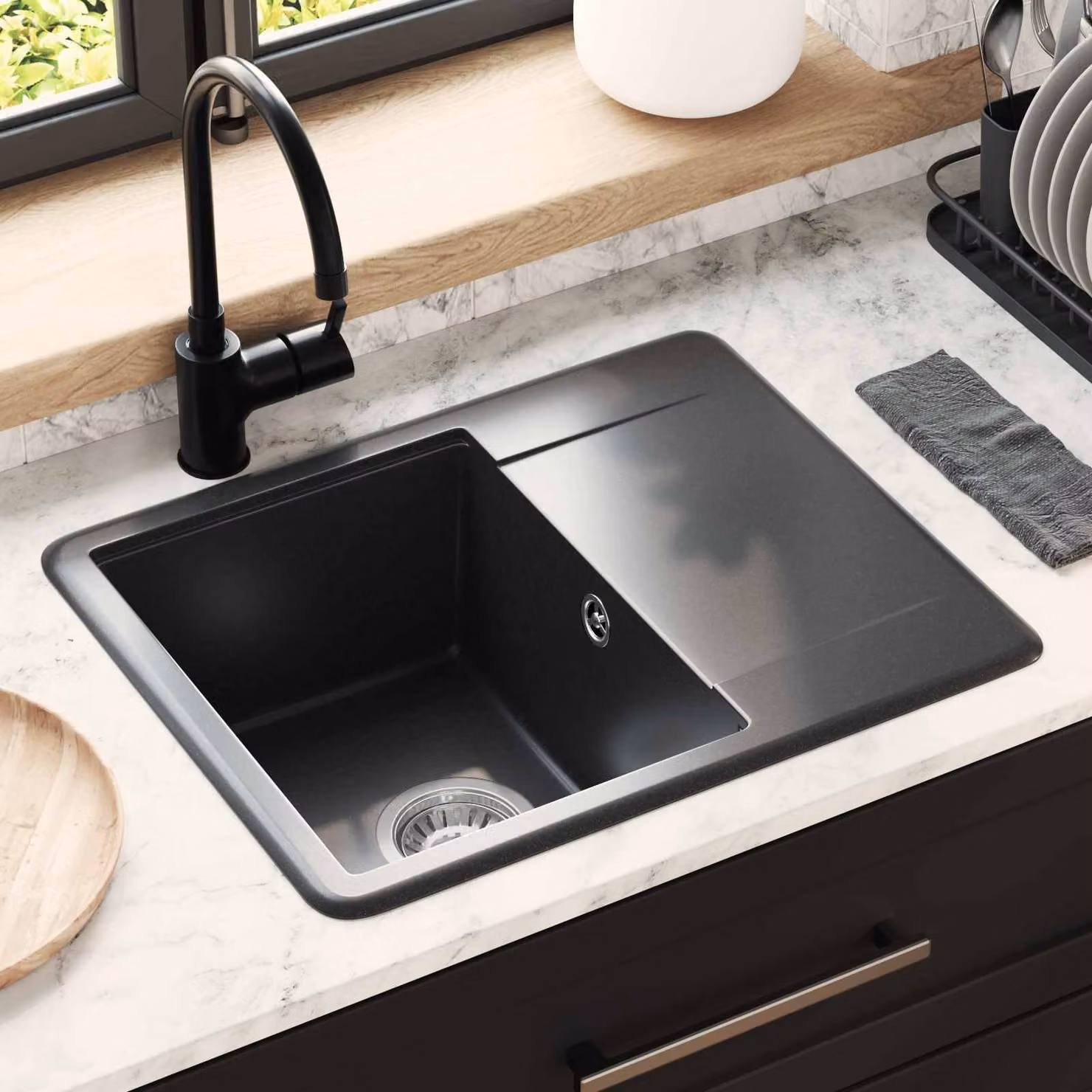 Lavello vidaXL in quarzo e resina colore nero L: 56 cm, P: 46 cm, H: 19 cm – 1