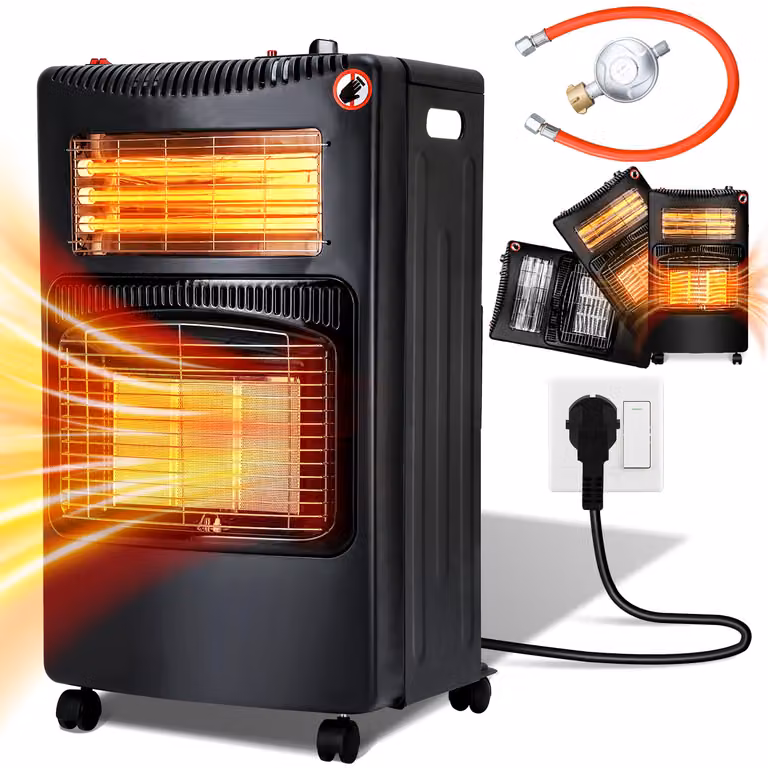 Ikodm, fornello a gas elettrico combinato, 4200/1200 Watt, accensione piezoelettrica, sistema di sicurezza anticaduta, rilevatore di fiamma (ODS), 5 ruote girevoli, colore nero, include 2 adattatori EU