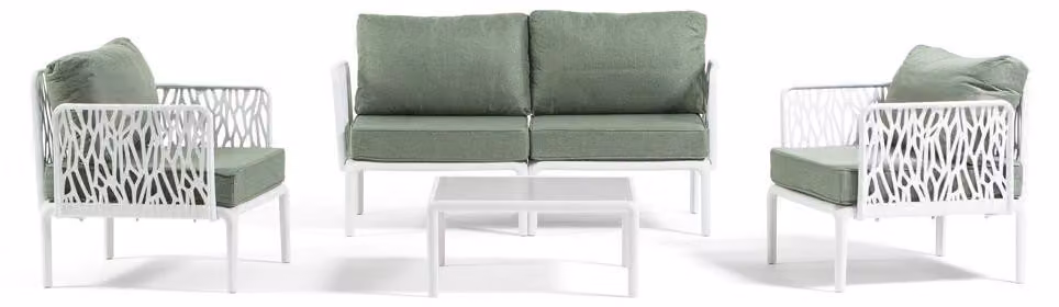 Set da giardino con divano, 2 poltrone e tavolo con piano in vetro temperato - struttura in resina rinforzata con fibra di vetro, cuscini da 12 cm e look ispirato alle foglie, ideale per giardino, terrazza e veranda - HOYA - Bianco/Pistacchio