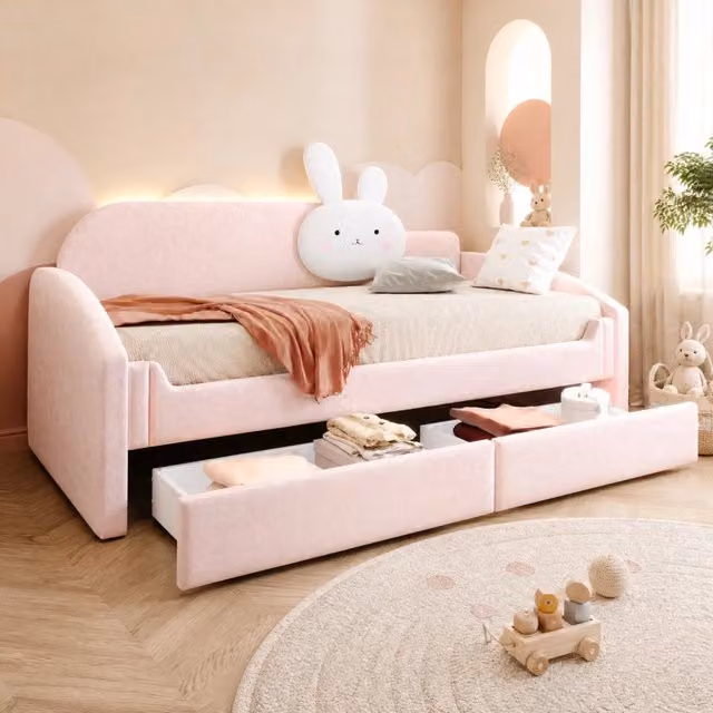 Letto divano moderno per bambini in velluto rosa con illuminazione LED e 2 cassetti, L/P/H: 200 x 90 x 106,5 cm