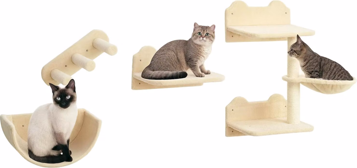Set da 4 pezzi "Gatto" per parete da arrampicata - Tiragraffi da parete - Ponte, amaca, tronco da graffiare, piattaforme di salto - 3 livelli - Legno - Bianco