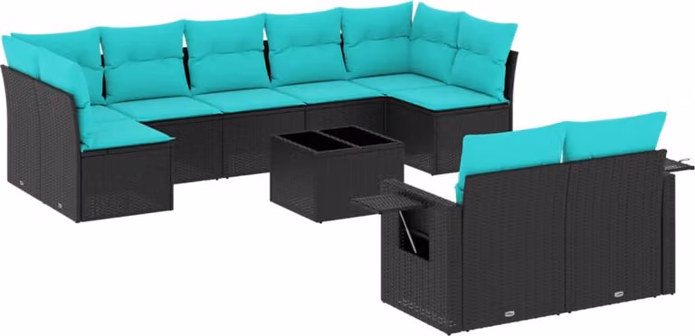 Set Divani da Giardino 10 pz con Cuscini Nero in Polyrattan