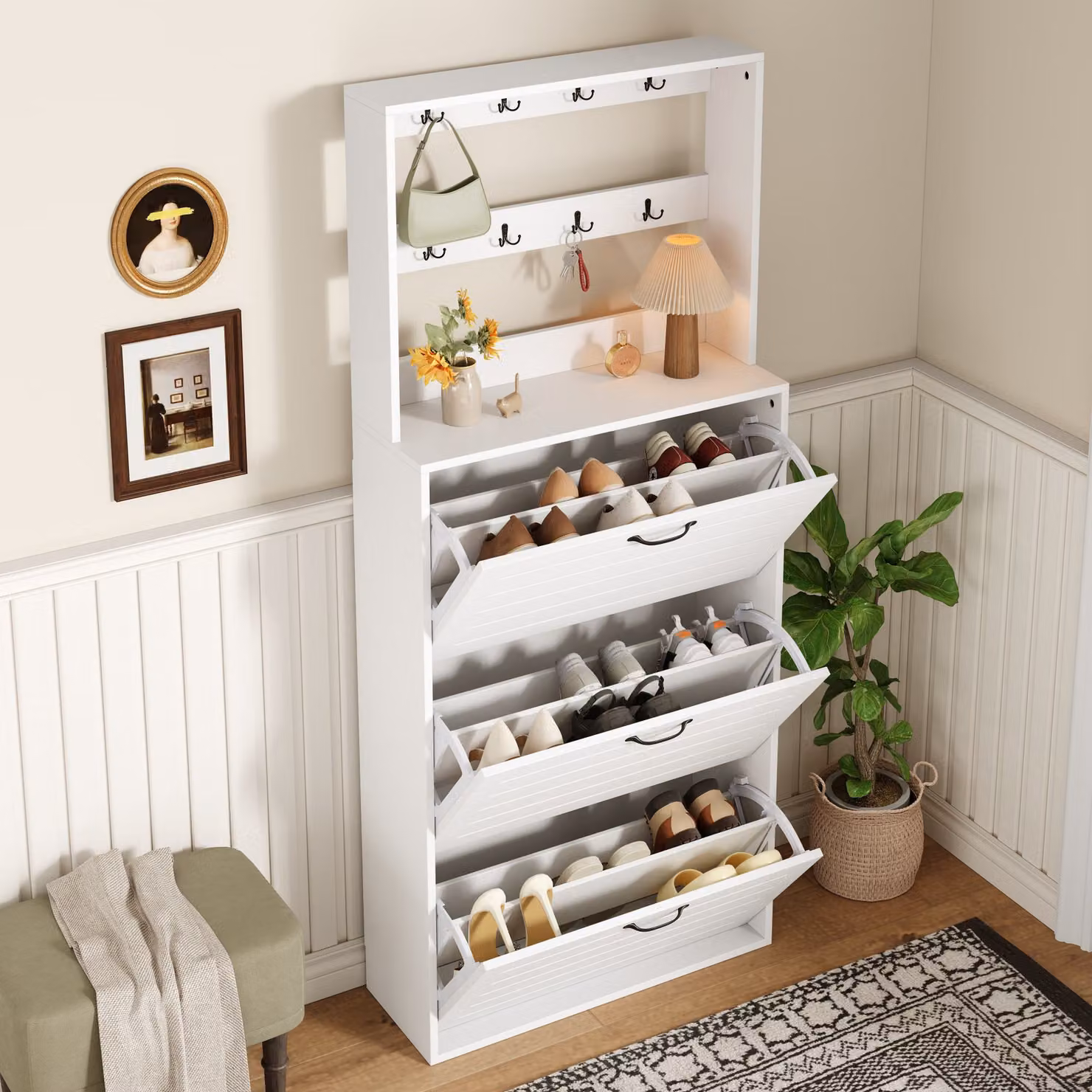 Scarpiera GL Store con 3 ante e scomparti basculanti, Bianco, L: 70 cm, P: 25 cm, H: 165 cm – 2