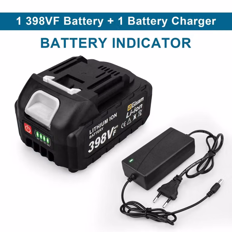 Batteria da 18V - Batteria di ricambio agli ioni di litio - Alta capacità, 22500 mAh - Con indicatore di carica - Adatta per utensili elettrici senza fili e motoseghe - Set composto da 1 batteria 398VF e caricabatterie
