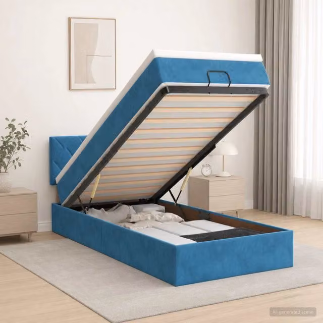 Letto ottomano con contenitore e materasso a molle vidaXL in velluto blu e bianco L/P/H: 203 x 90 x 88 cm