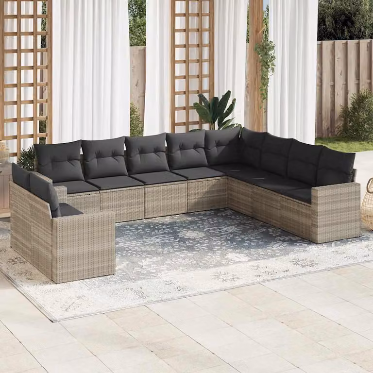 vidaXL Set Divano da Giardino a L in Polyrattan Grigio con 10 Pezzi e Cuscini Imbottiti