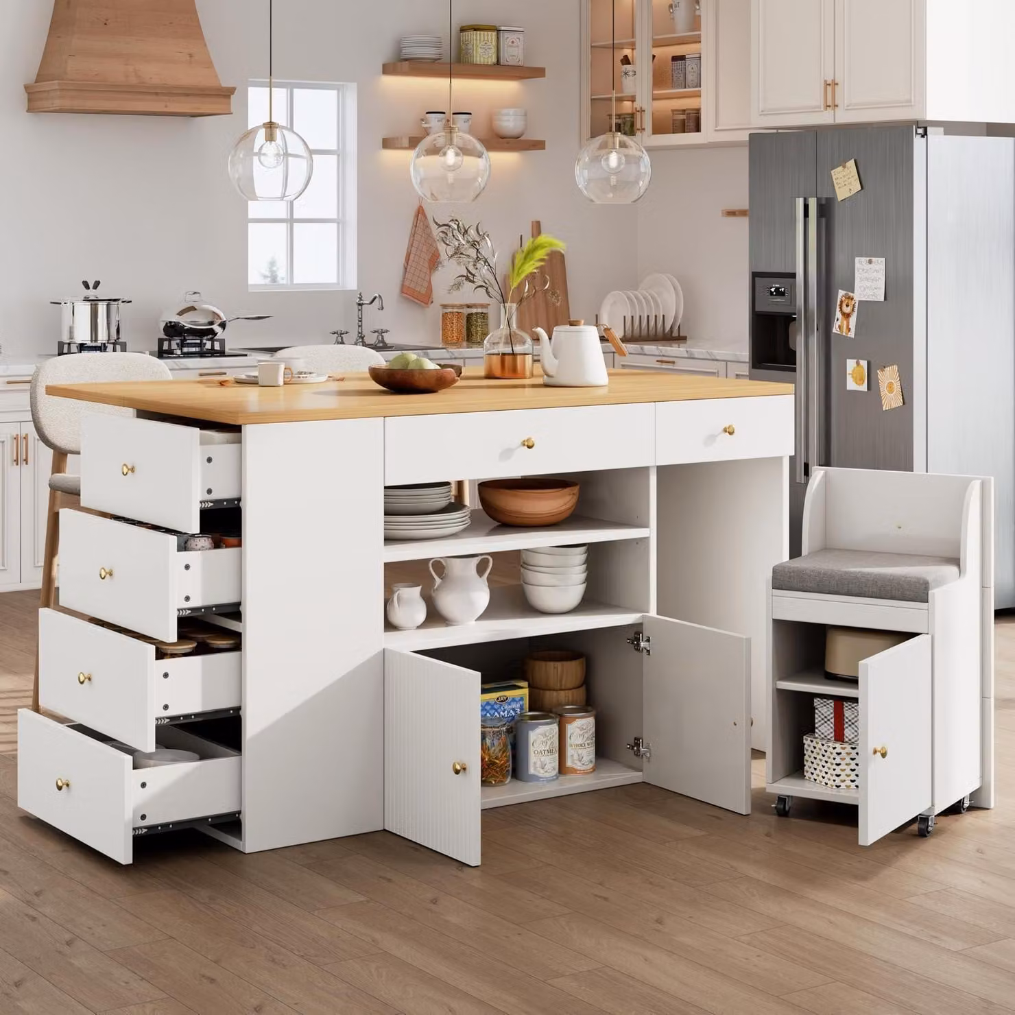 Isola da cucina con piano di lavoro, 6 cassetti e 2 sgabelli, dimensioni 140x40x89 cm, colore bianco/nero