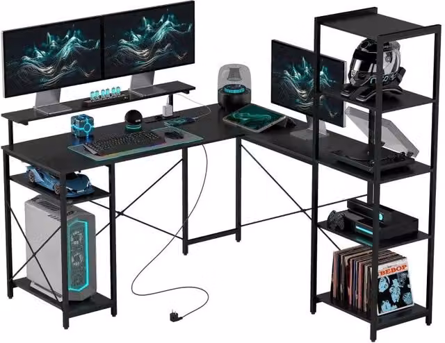 Scrivania, scrivania angolare a L per computer 137 x 140 x 139,5 cm con 6 ripiani, scrivania da ufficio con supporto per monitor, USB, presa di