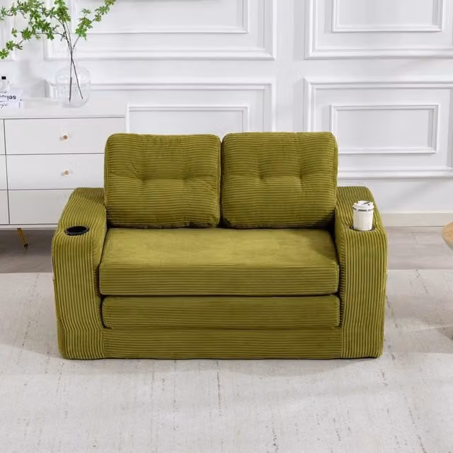 Divano modulare a 2 posti in velluto a coste con portabicchieri e tasche laterali verde oliva 136 × 80 × 82,5 cm