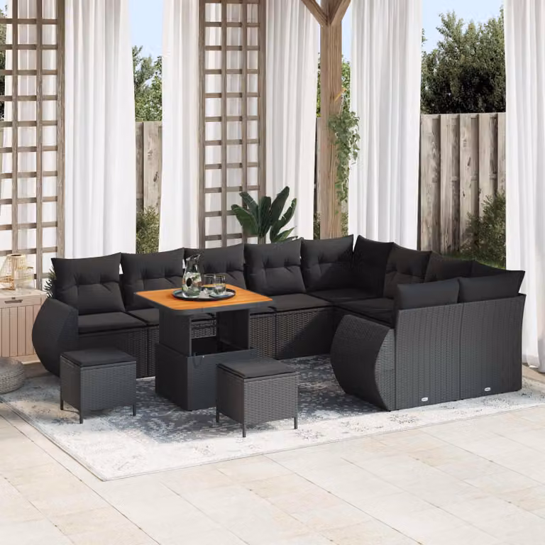 vidaXL Set Divano da Giardino Moderno a L con 12 Posti, Nero, con Cuscini e Tavolino da Caffè